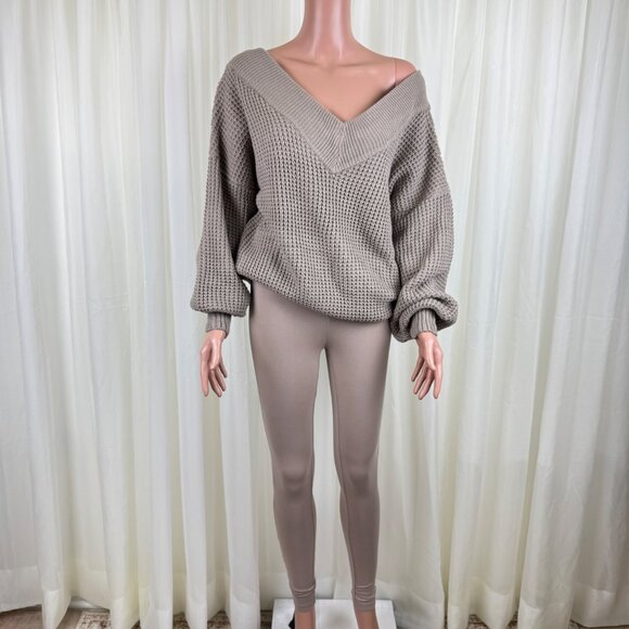 Zenana Two Piece V-Neck Sweater & Legging Loungewear Set Beige - Picture 1 of 8